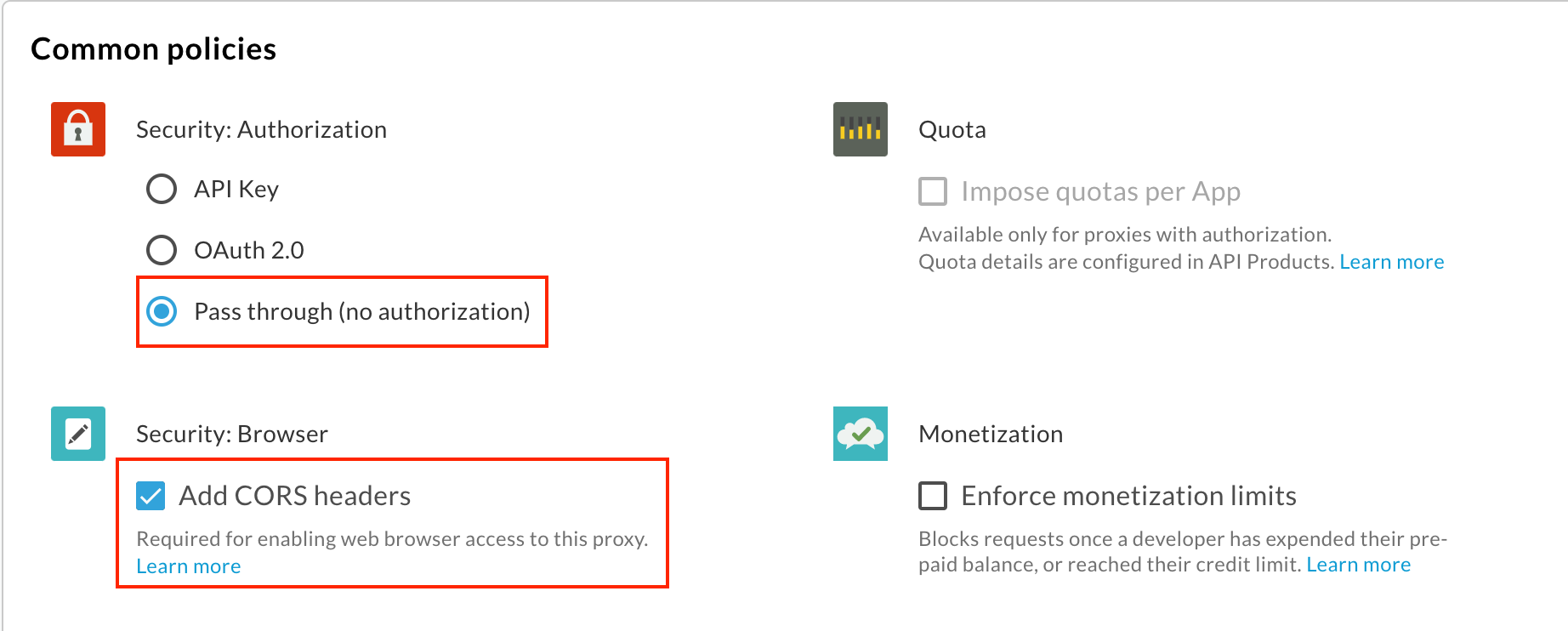 [Create Proxy] ウィザードの [Common policies] ページで、[Pass through] と [Add CORS headers] が選択されている