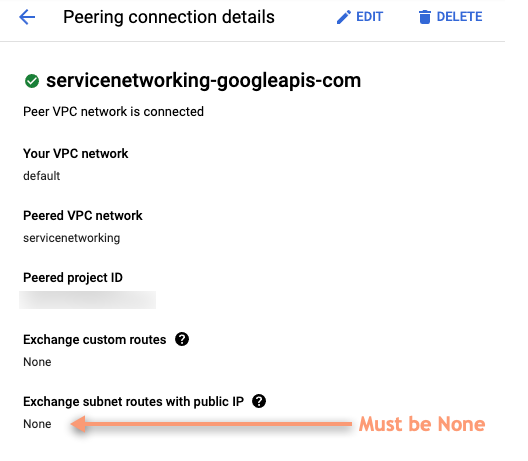 Google Cloud コンソールでピアリング接続の詳細を表示します。
