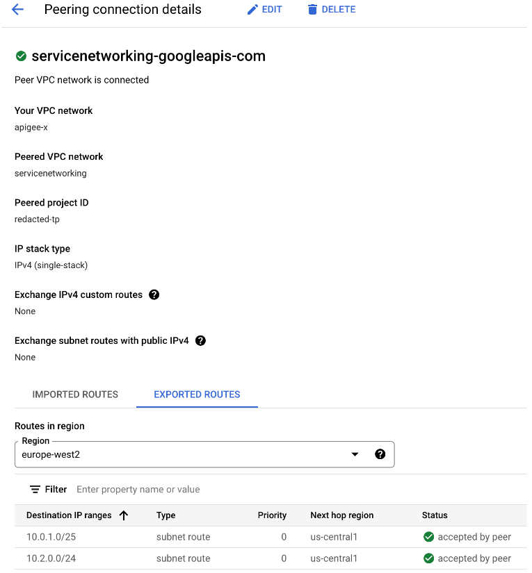 Dettagli connessione in peering