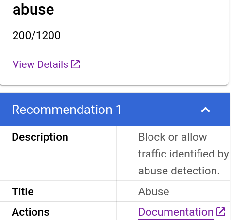 Recomendación de abuso en el panel Recomendaciones.