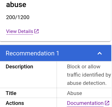 Recommandation liée à l&#39;utilisation abusive dans le volet &quot;Recommandations&quot;.