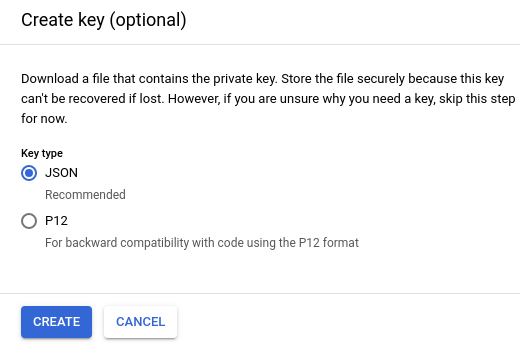 Seleziona il tipo di chiave JSON o P12