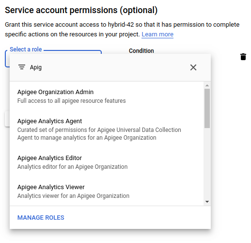 與 Apigee 相符的服務帳戶權限清單