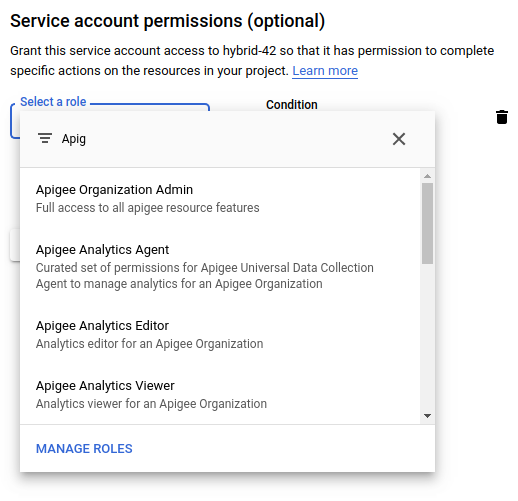 Liste des autorisations de compte de service correspondant à Apigee