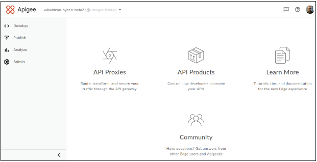 Halaman landing di UI hibrida
    Apigee, yang terdiri dari navigasi sebelah kiri dan link/gambar besar