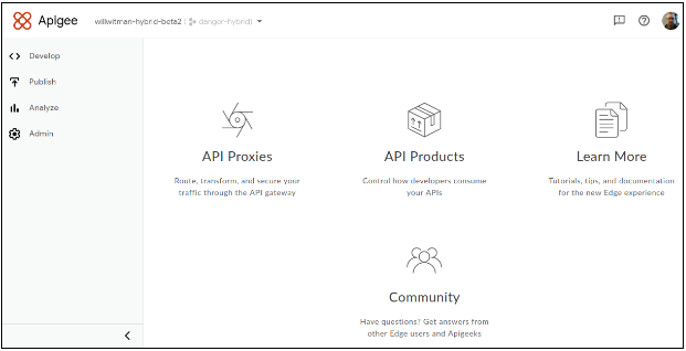 Apigee Hybrid UI 中的到達網頁，包含左側導覽和大型連結/圖片