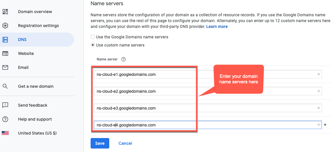 Google-Domain, &quot;Benutzerdefinierte Nameserver verwenden&quot; hervorgehoben