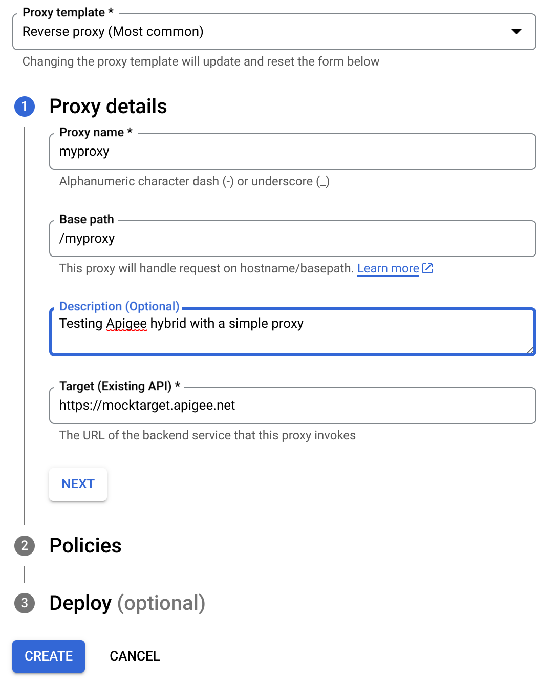 Proxy details in create proxy wizard.