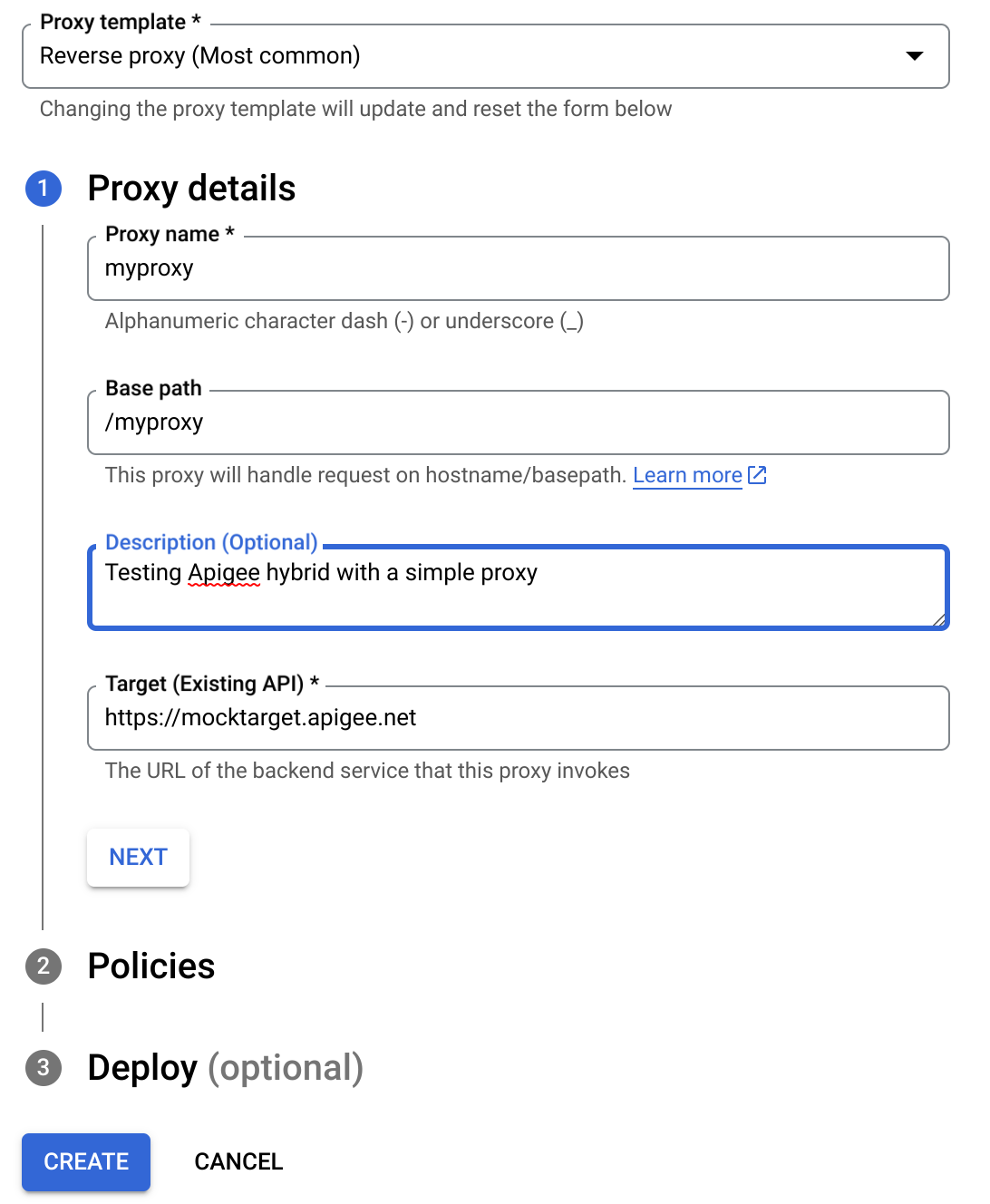 Detalles del proxy en el asistente para crear proxy