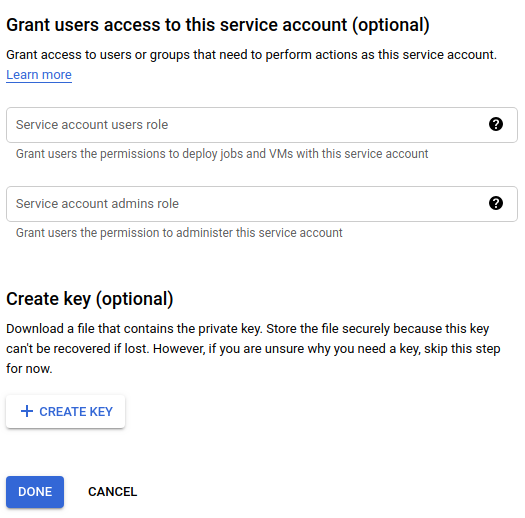 サービス アカウント ユーザーのロールとサービス アカウント管理者のロールのフィールド、鍵の作成ボタン
