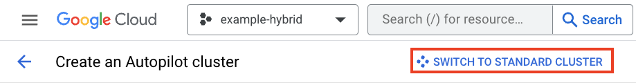 Create cluster screen heading showing Switch to Standard Cluster choice.