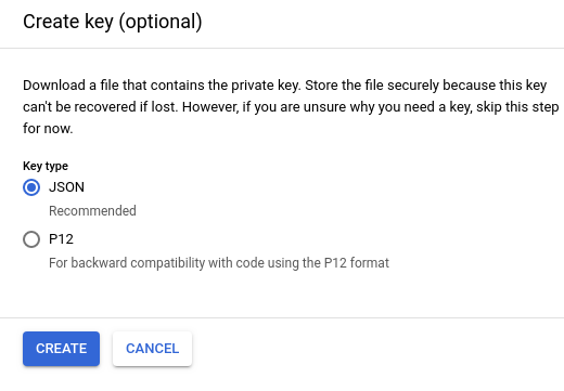 JSON または P12 キータイプを選択