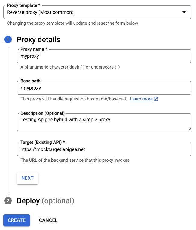 Detalles del proxy en el asistente para crear proxy