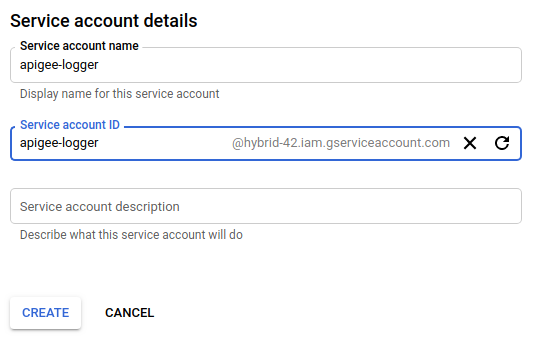 範例 ID：apigee-logger@hybrid-42。iam.gserviceaccount.com