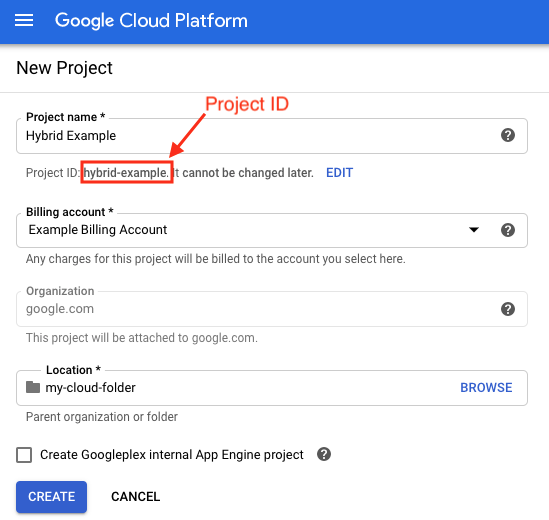 Google Cloud new project with Project ID name highlighted.