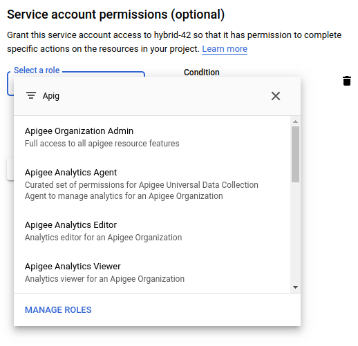 Service account permissions list matching Apigee