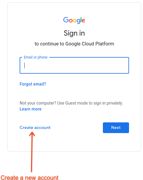 Google sign in, Create account highlighted.