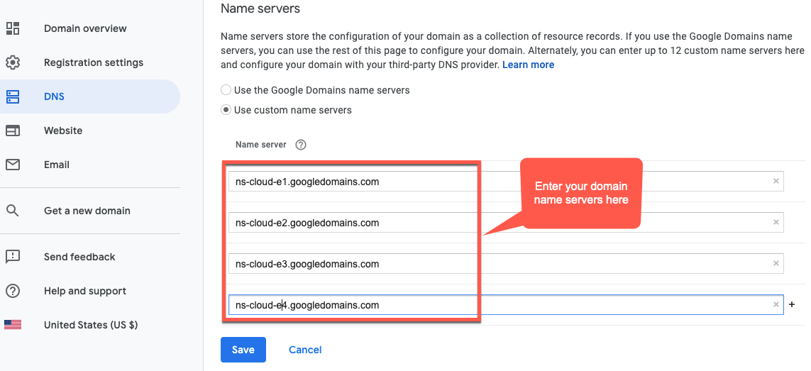 Dominio de Google. Se destaca Usar servidores de nombres personalizados
