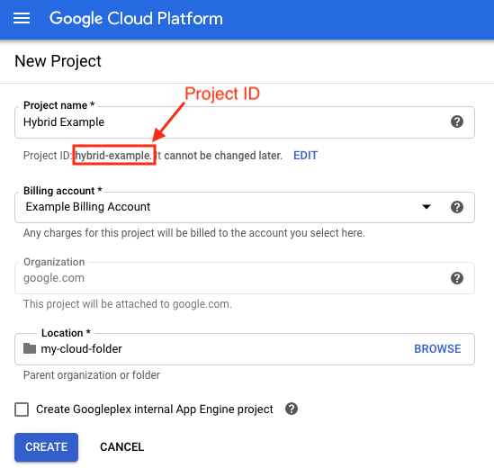 Google Cloud 新專案，其中專案 ID 名稱已加以醒目顯示。