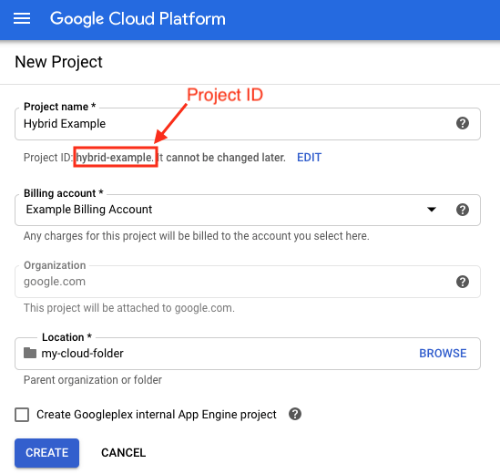 Nouveau projet Google Cloud avec l&#39;ID de projet en surbrillance.