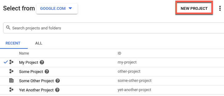 Selettore di progetti Google Cloud con l&#39;opzione del nuovo progetto evidenziata.