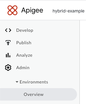 Il menu dell&#39;interfaccia utente di Apigee hybrid che mostra Amministrazione, Ambienti, Panoramica espansi