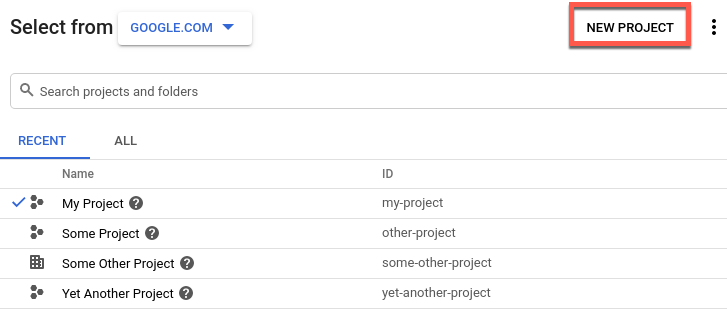 Google Cloud 專案選取器，其中新的專案選項已醒目顯示。
