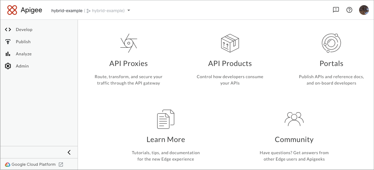 Apigee 混合式 UI 中的到達網頁，包含左側導覽和連結的大型圖片。