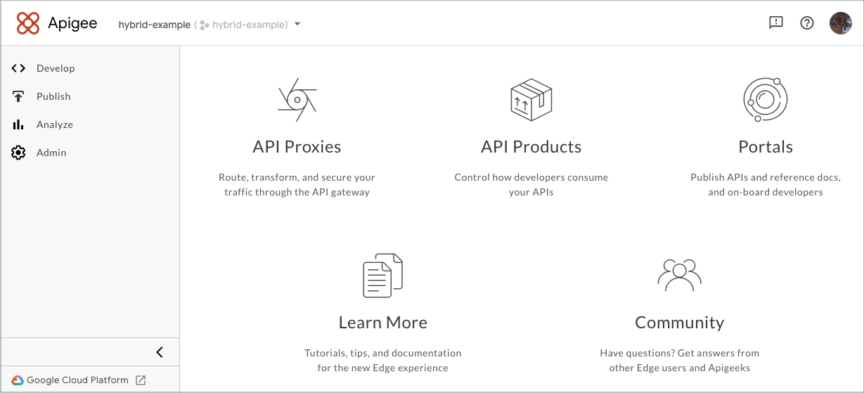 The landing page in the Apigee
    hybrid UI, which consists of left-hand navigation and large images that are links.