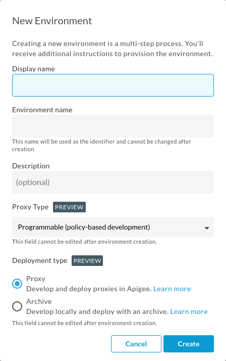 New Environment dialog