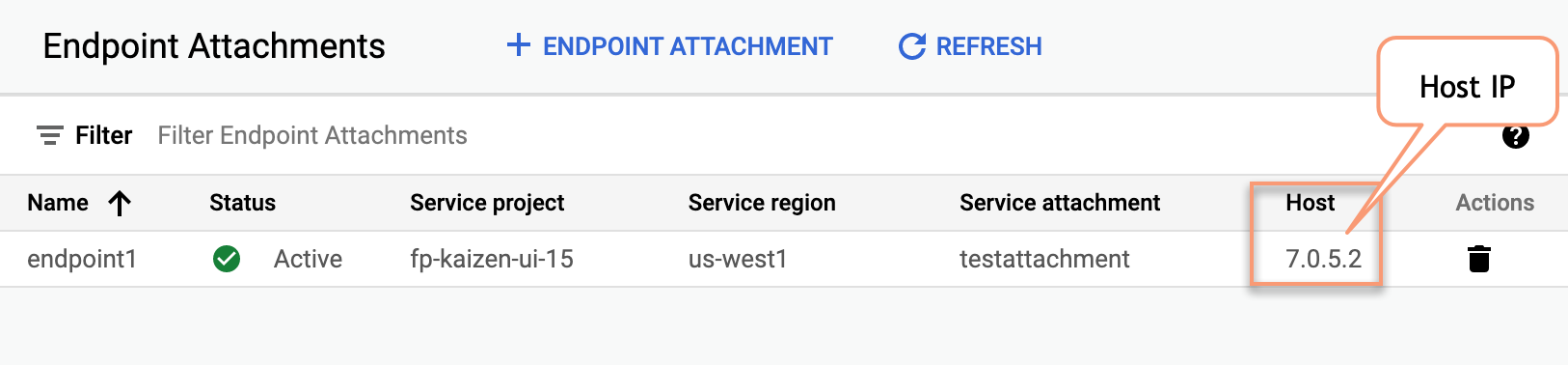 The host IP of the service attachment is shown in the Endpoint attachment UI