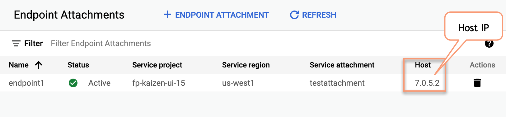 服務附件的主機 IP 會顯示在端點附件 UI 中