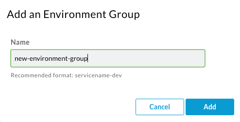 Add Environment Group dialog showing blank Name field