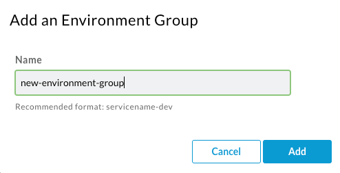 Dialog Add Environment Group menampilkan kolom Nama yang kosong