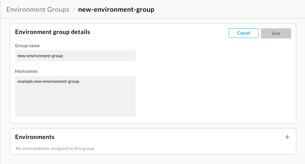 「Edit Environment Group」視窗顯示未指派任何環境
