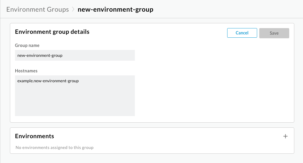 Jendela Edit Environment Group yang tidak menampilkan lingkungan yang ditetapkan