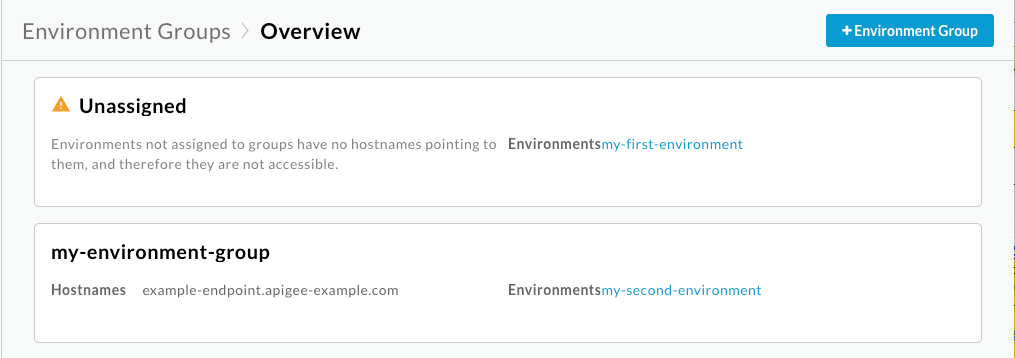 The Environment groups view, showing any created groups