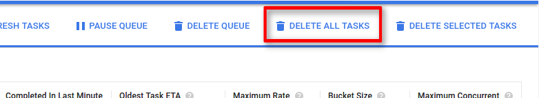 The
  Delete all tasks button purges all tasks from the queue.
