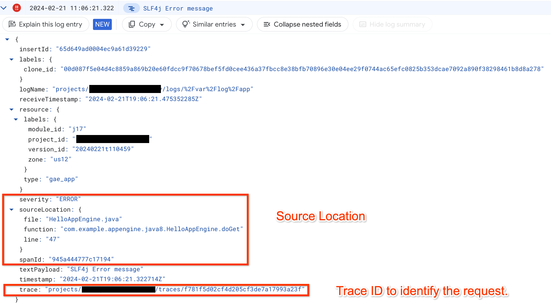 Agrupar registros de apps por solicitação com um ID de trace