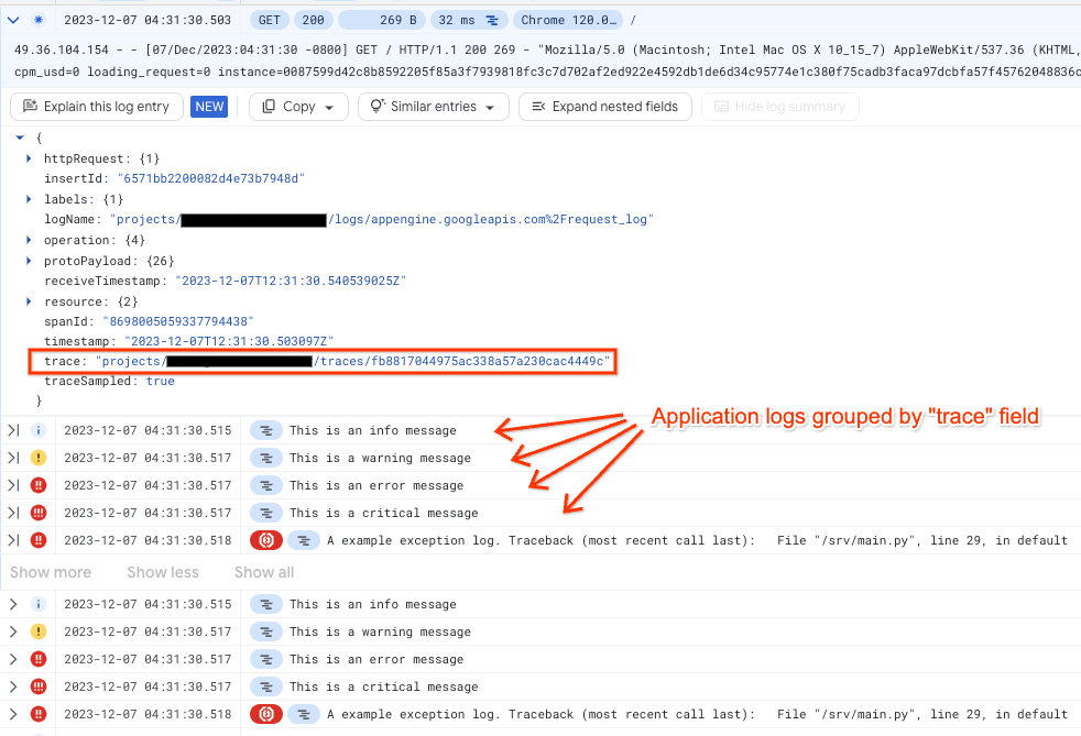 App log entries are nested in the request log entry.