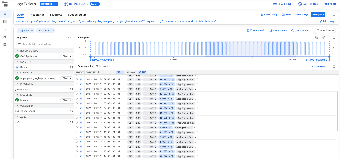 Screenshot log permintaan dan aplikasi di Logs Explorer