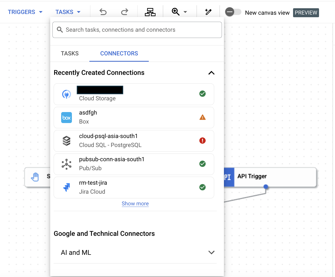 image showing connector task listing