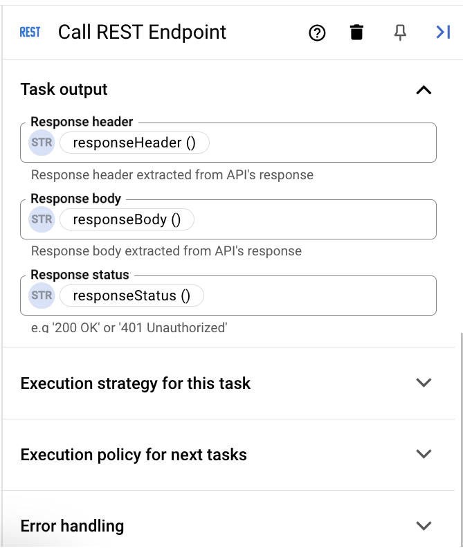 REST エンドポイントの呼び出し タスクの出力