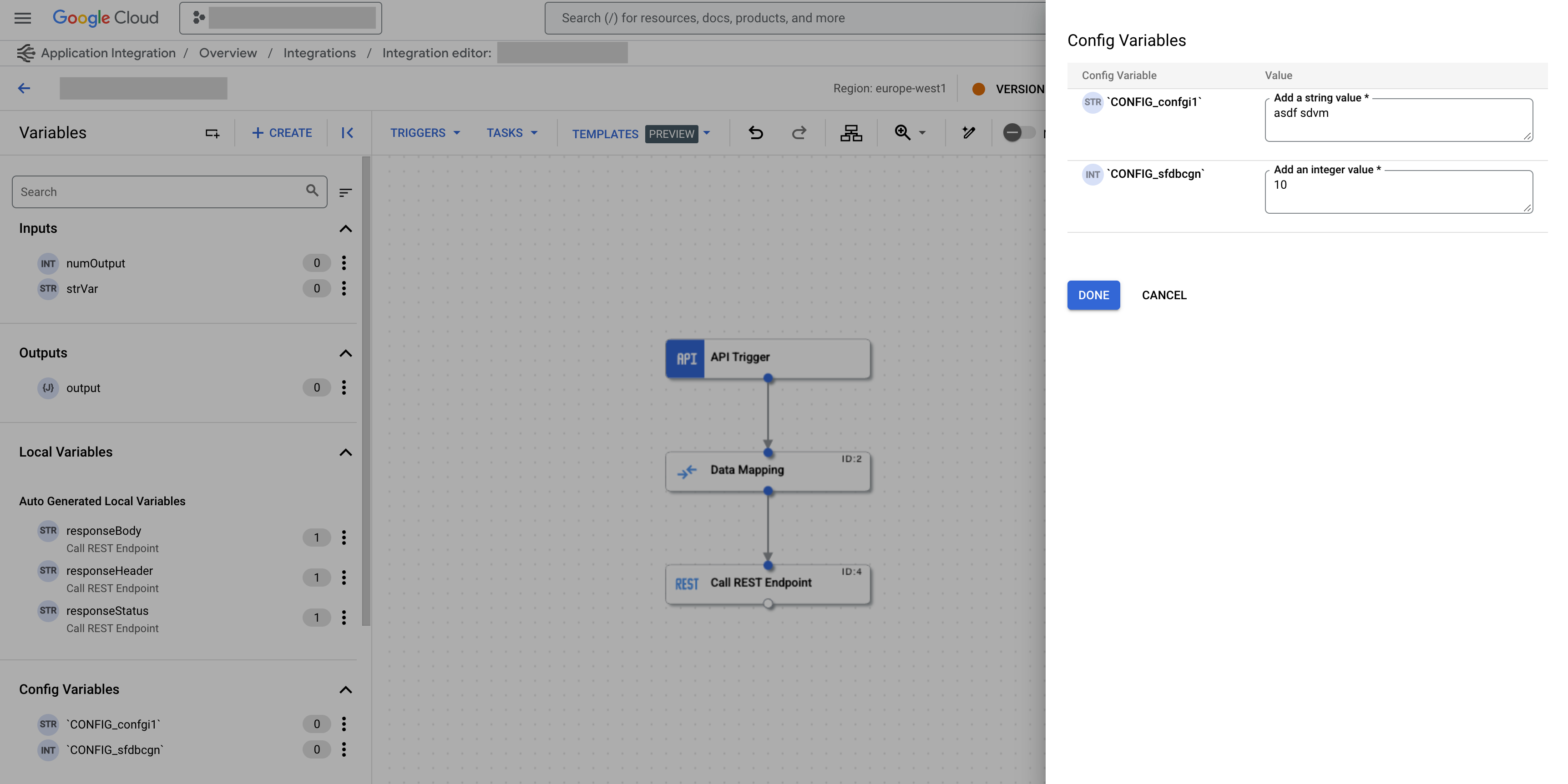 Variable de configuration des intégrations