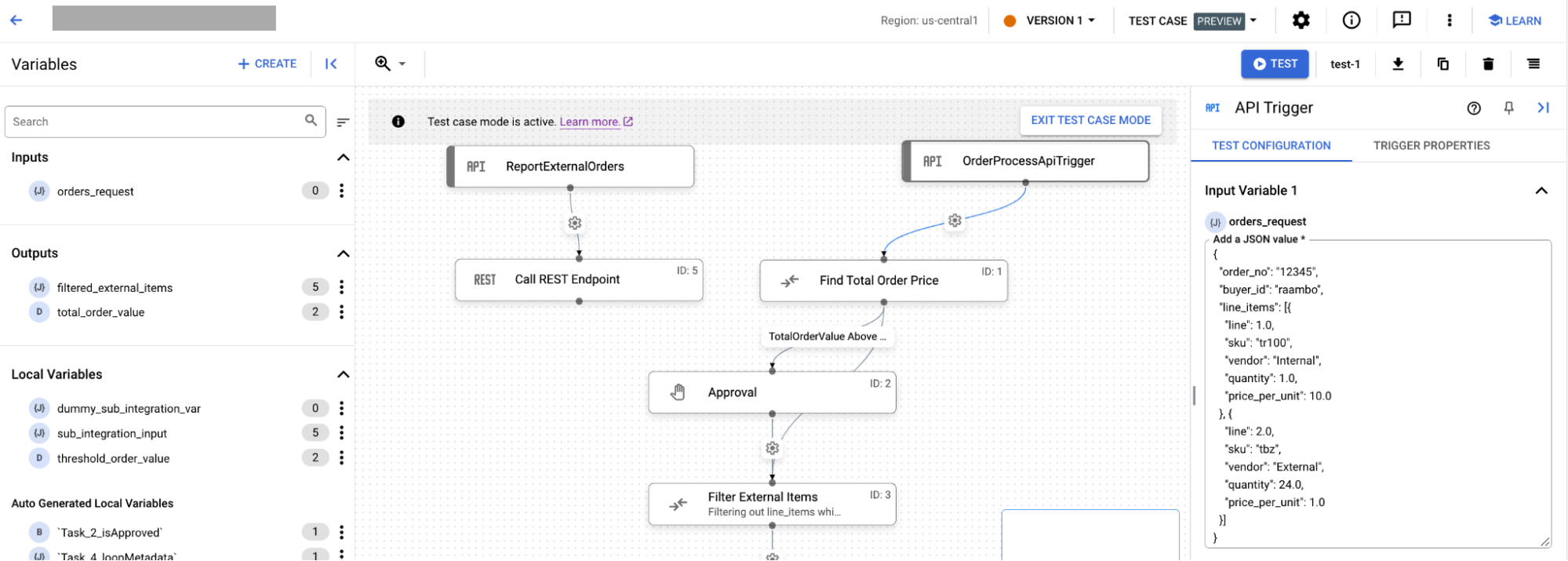 image showing the test configuration pane