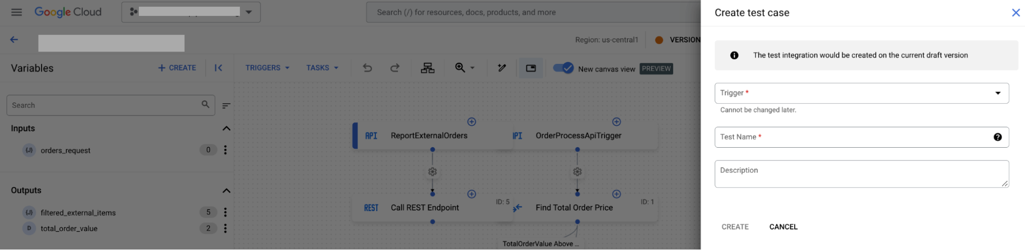 image showing the Create  test case pane