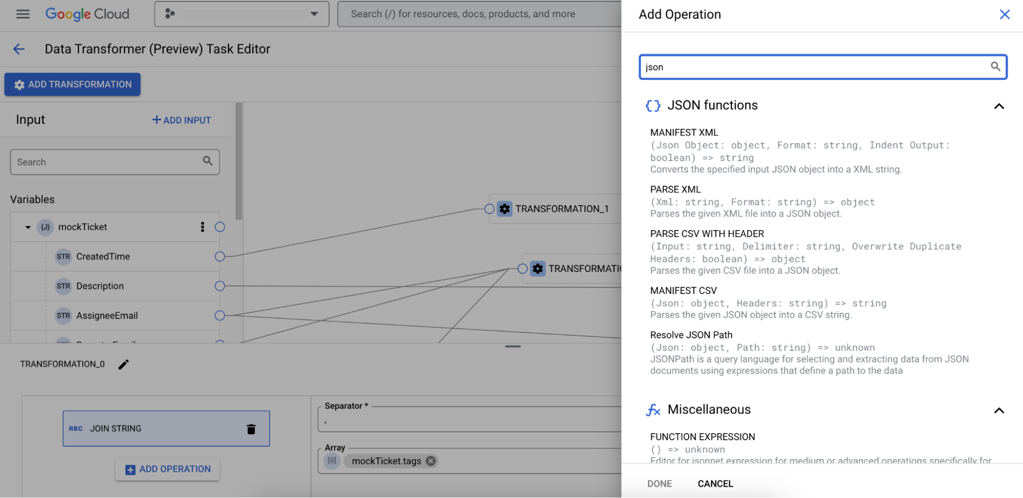 Imagen que muestra operaciones de transformación de datos