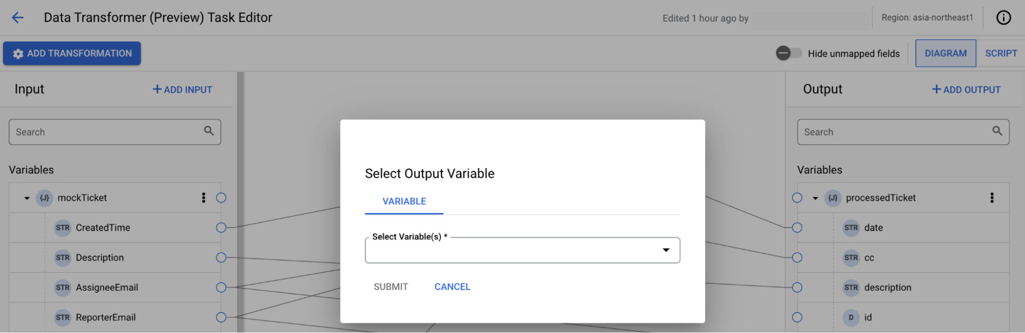 Gambar yang menampilkan dialog tambahkan output