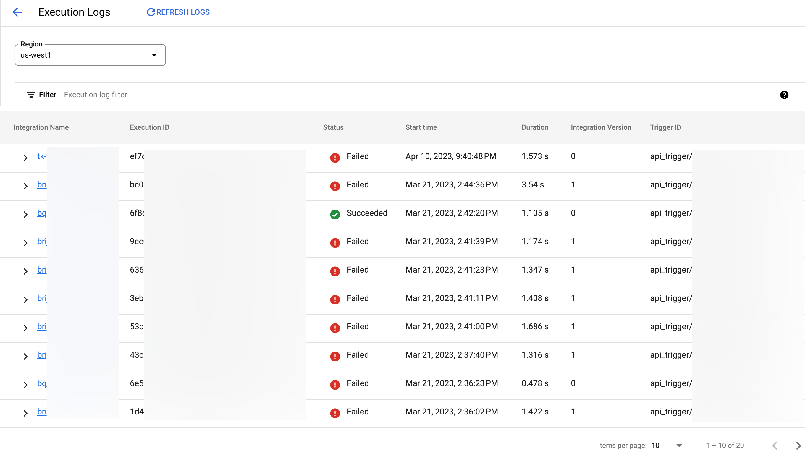 gambar yang menampilkan halaman Application Integration Execution Logs