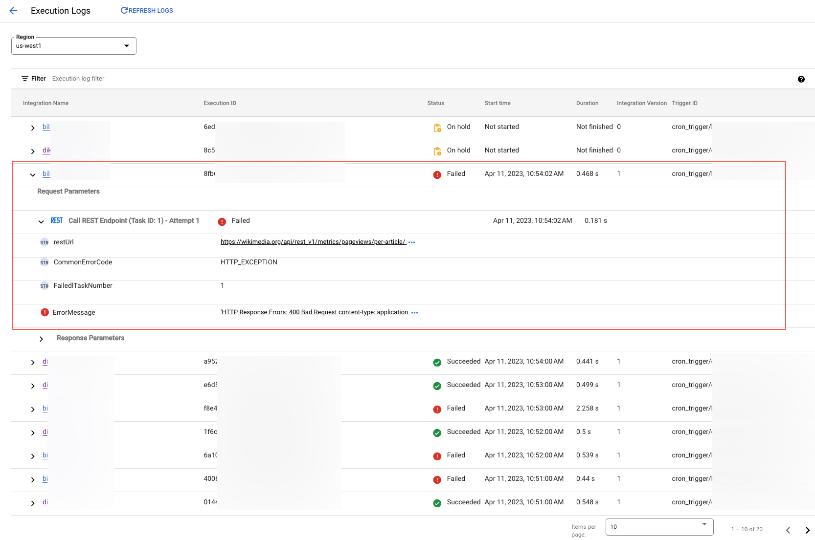 image showing logs exception errors expanded